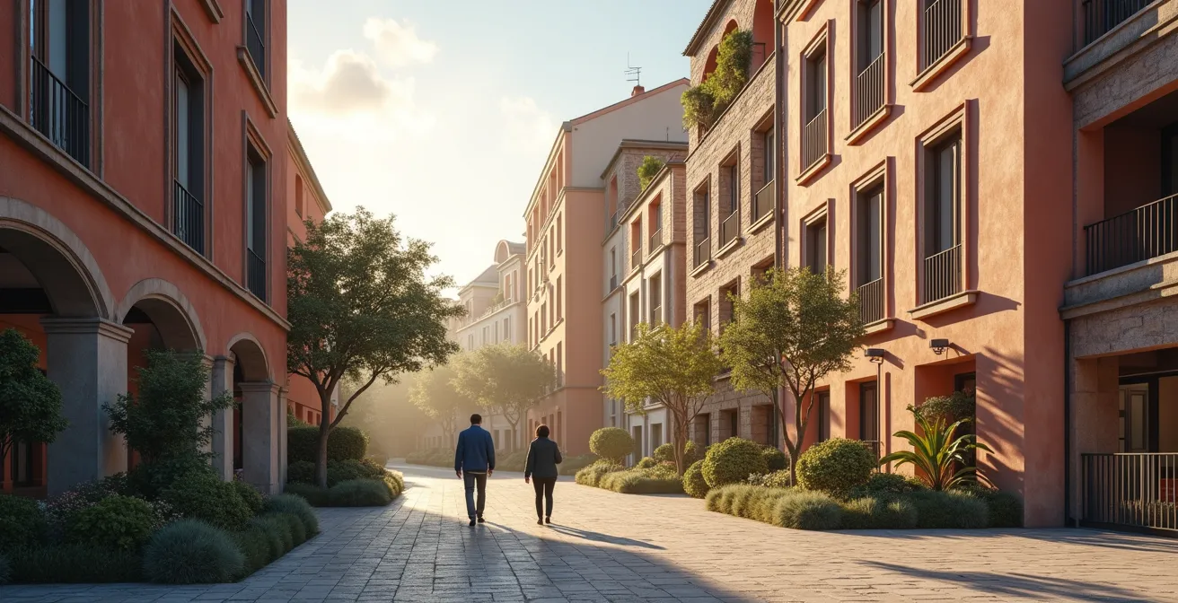 Vue d'ensemble symbolique d'un immeuble à Toulouse avec gestionnaires et copropriétaires