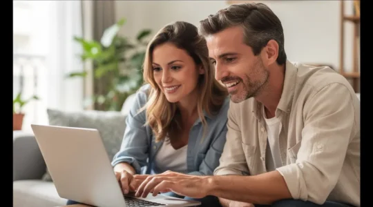 Couple français consultant un crédit immobilier sur ordinateur portable dans leur salon