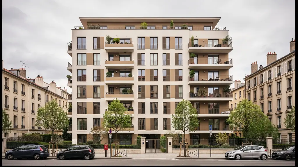 Immeuble résidentiel français moderne avec balcons dans un quartier calme