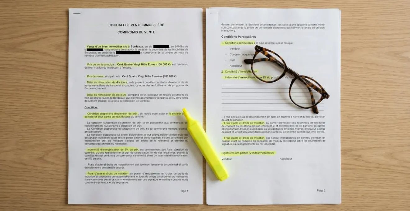 Document de compromis de vente avec cinq zones surlignées en rouge et marquées d'icônes d'alerte, symbolisant les pièges à éviter.