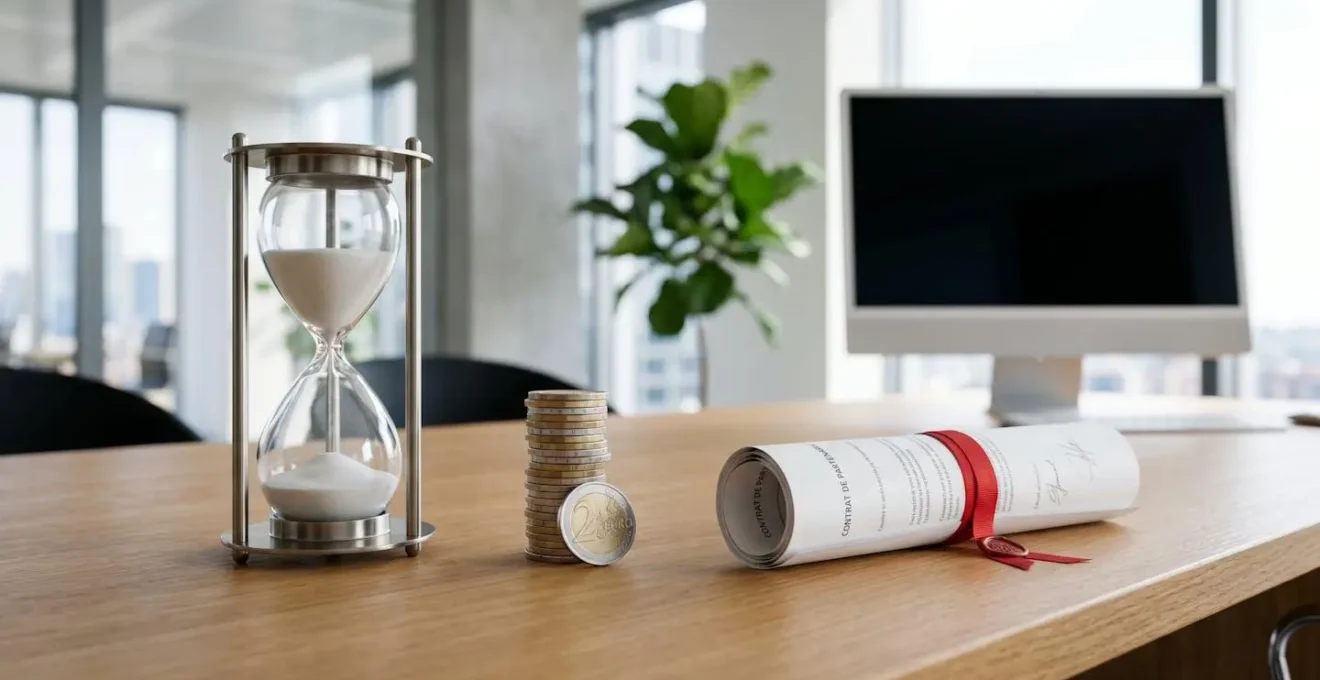 Illustration isométrique d'un compromis de vente avec trois icônes symbolisant contrat, argent et délai de rétractation.
