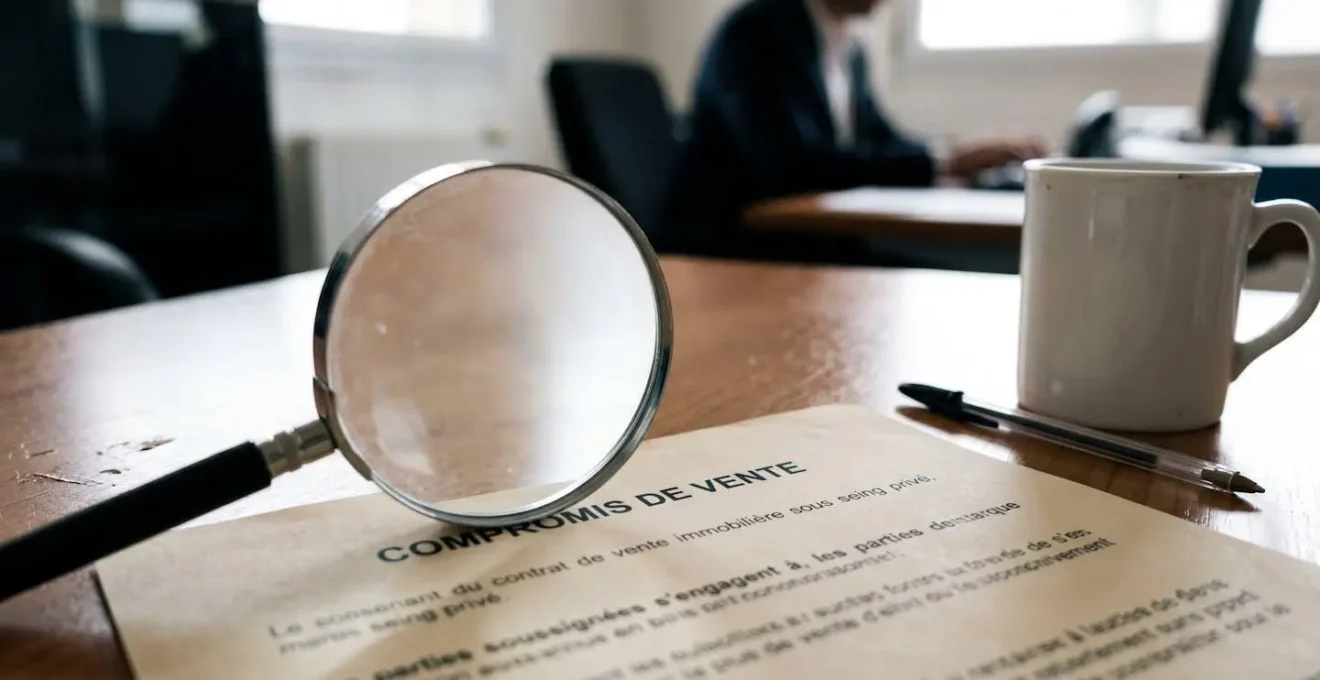 Loupe posée sur un document de compromis de vente ouvert sur un bureau, avec silhouette floue d'un professionnel en arrière-plan.
